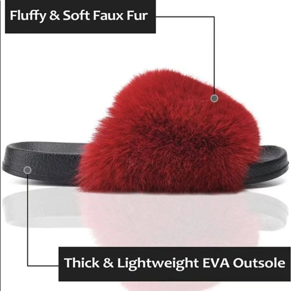Red Women’s Fur-Fuzzy-Slides-Slippers Open Toe - Picture 3 of 4